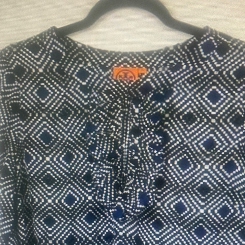 Tory Burch Gwenna Tunic Blouse Womens 8 Silk Blend 3/4 Sleeve Ruffle Silk Blend